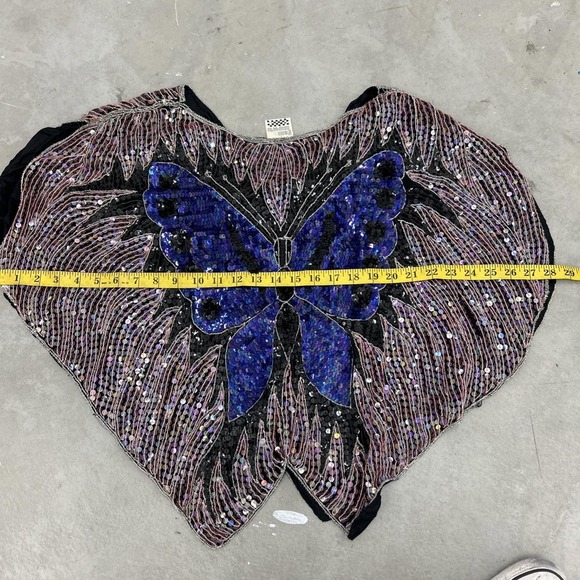 Vintage 1970s Retro Disco Boho Beaded‎ Sequin Butterfly Silk Top - Picture 6 of 9